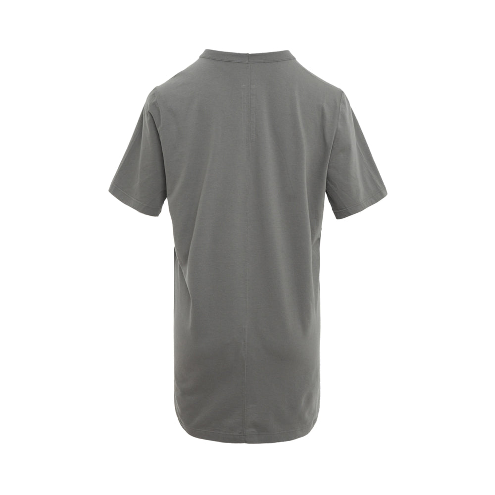 Rick Owens Level Short Sleeve Tee in slate grey, featuring a mock neck collar, elongated hem, and relaxed boxy fit, displayed on a plain white background