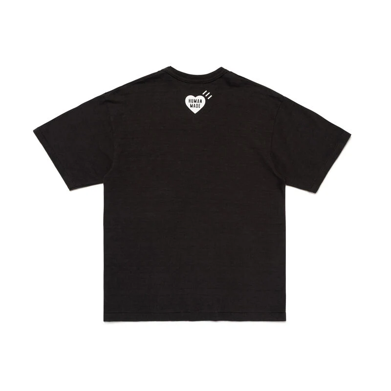 Human Made black short sleeve tee with 'Human Made' stencil text, duck-on-wheels graphic, red heart motif, and 'The Future Is In Our Hands' script print at centre front