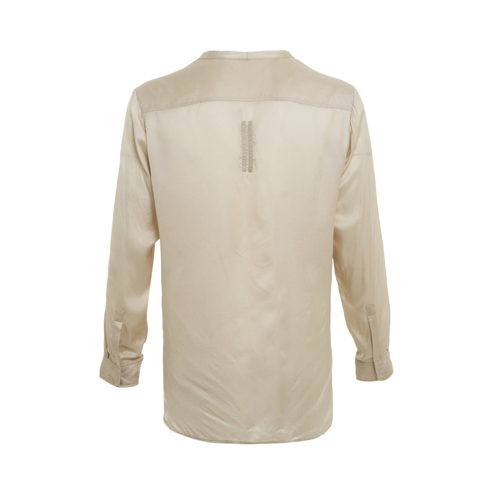 Rick Owens Fogpocket Long Sleeve Shirt in khaki grey with deep V-neckline and structured shoulder seaming