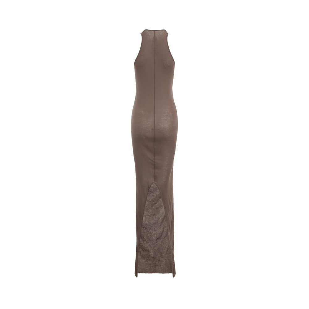 Rick Owens Basic Tank Gown in a semi-sheer nude fine knit, featuring a high racerback neckline and a fluid floor-length silhouette with a draped hem