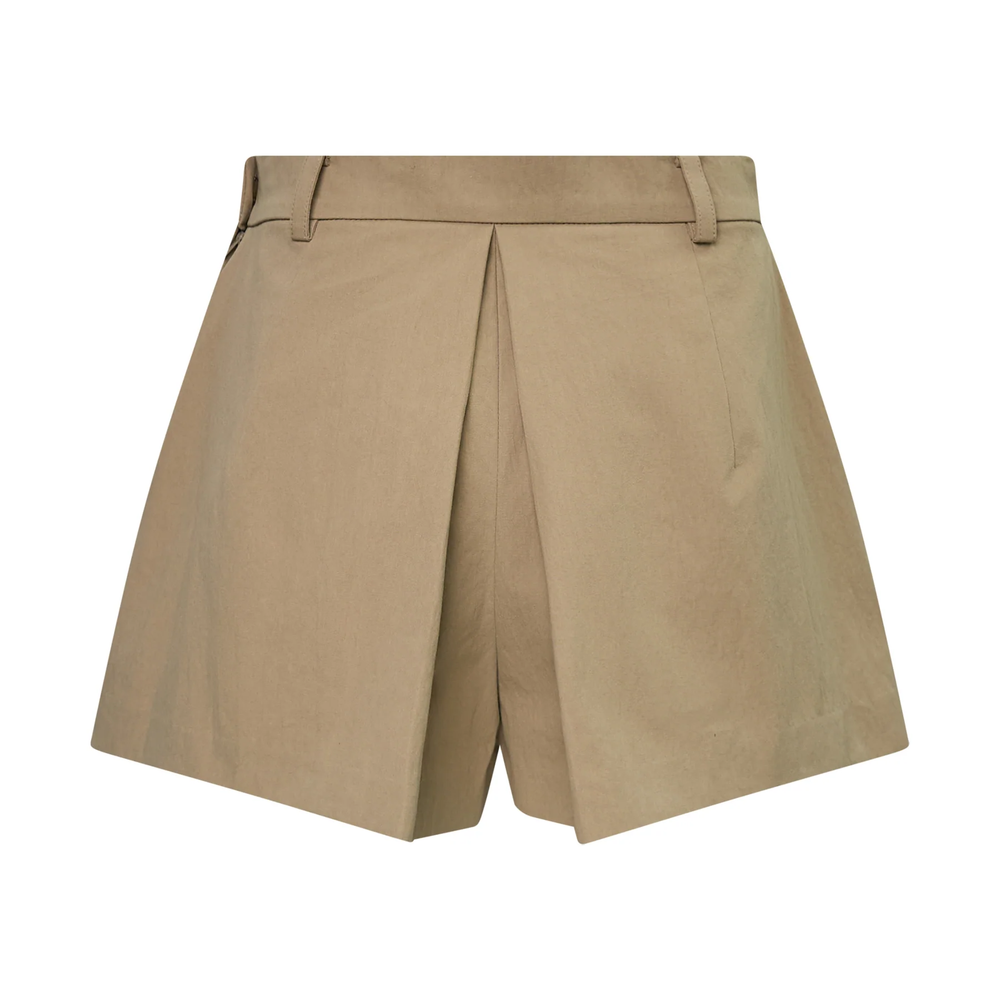 pushBUTTON beige pleated A-line shorts with a high-rise waistband, belt loops, and a front box pleat, laid flat on a white background