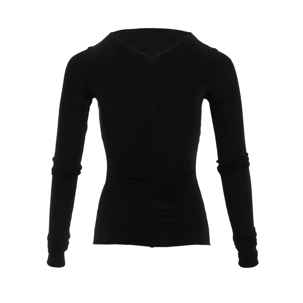 Rick Owens Temple Long Sleeve Top in black, rear view, showing geometric radiating seam detailing across the back and fitted silhouette with extended scrunched cuffs