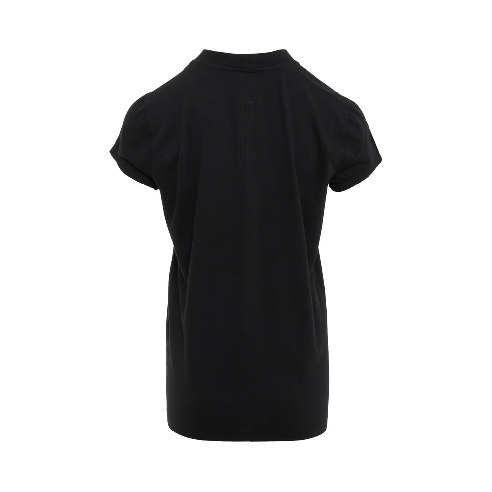 Rick Owens Small Level Short Sleeve Tee in dark grey, featuring a mock neck, ribbed shoulder yoke, angular exposed seam panelling across the chest and body, cap sleeves, and a longline silhouette with a banded hem