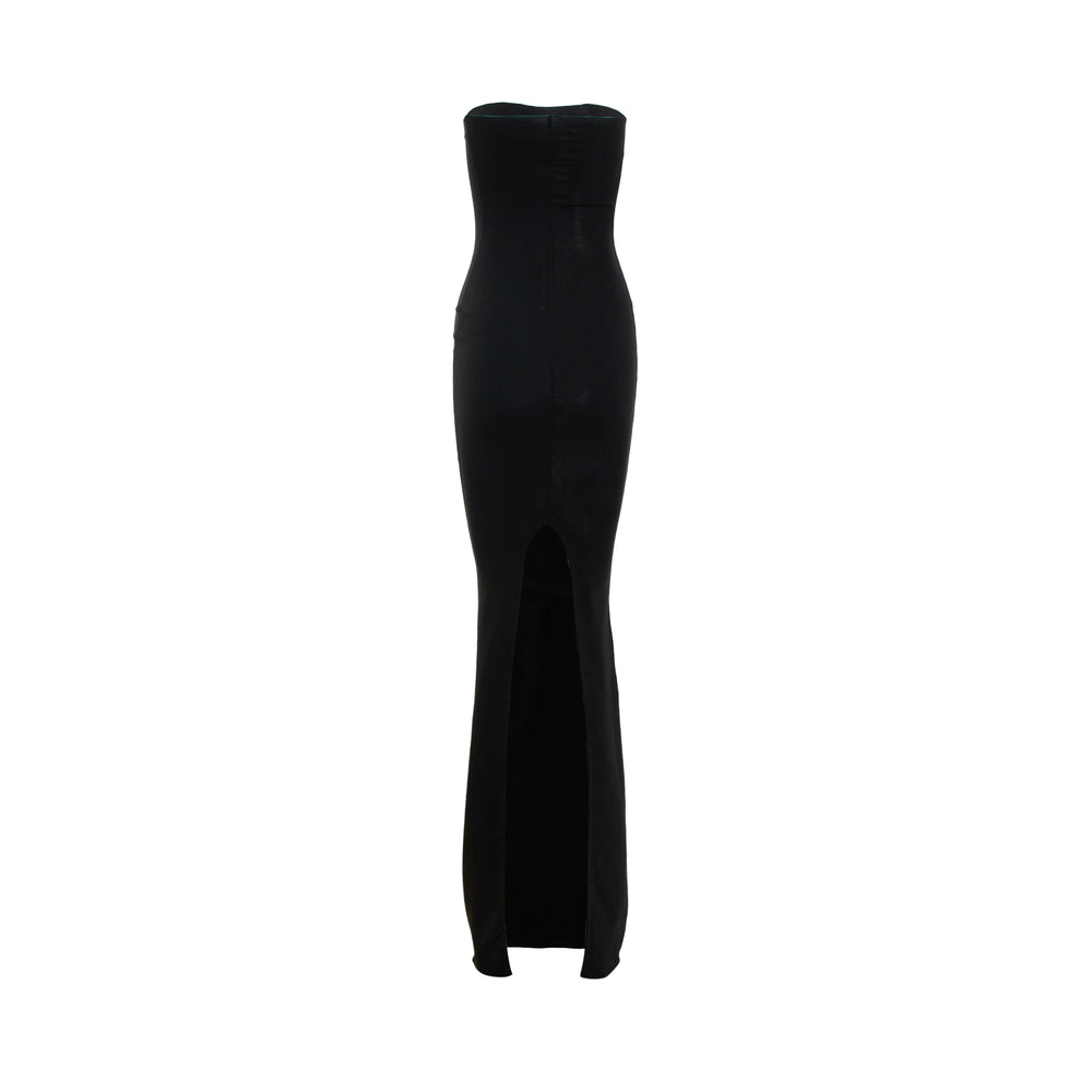 Rick Owens Dirt Coda strapless black maxi gown with a body-conscious silhouette and fishtail hem, photographed flat on a white background