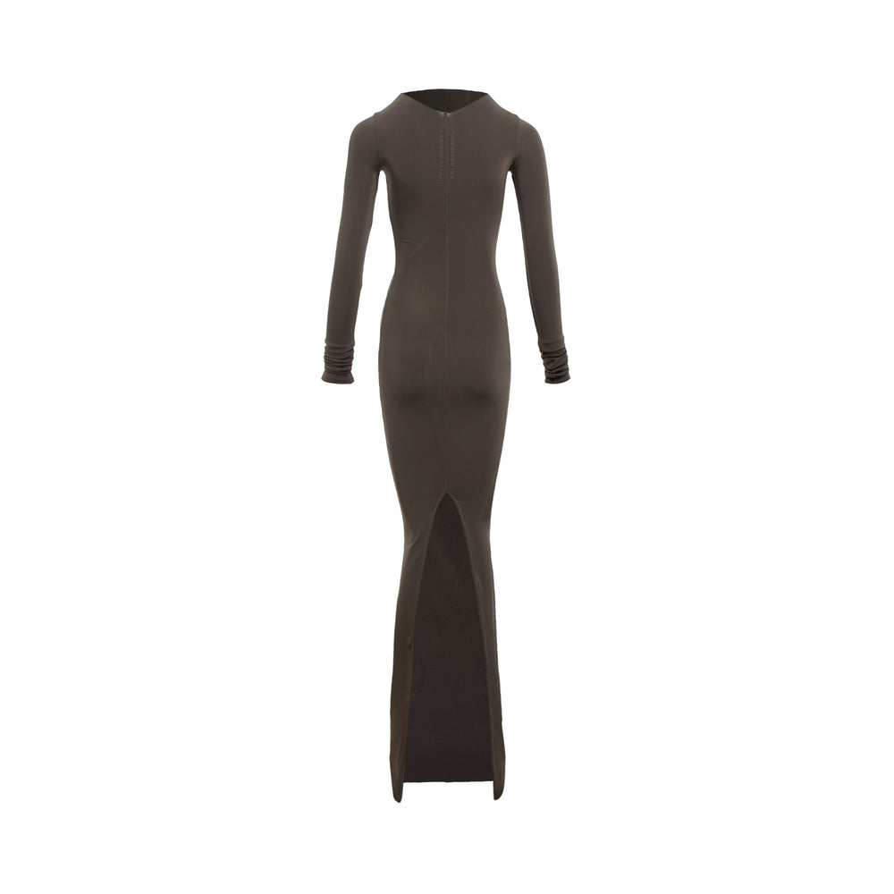 Rick Owens Temple Gown in dark taupe — a floor-length stretch column dress with geometric bust seaming, crew neckline, and long sleeves with ruched cuffs