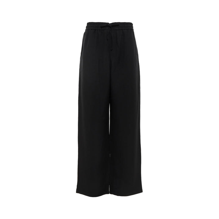 AMI Elasticated Waist Wide Leg Trousers in black with smocked waistband and drawstring tie