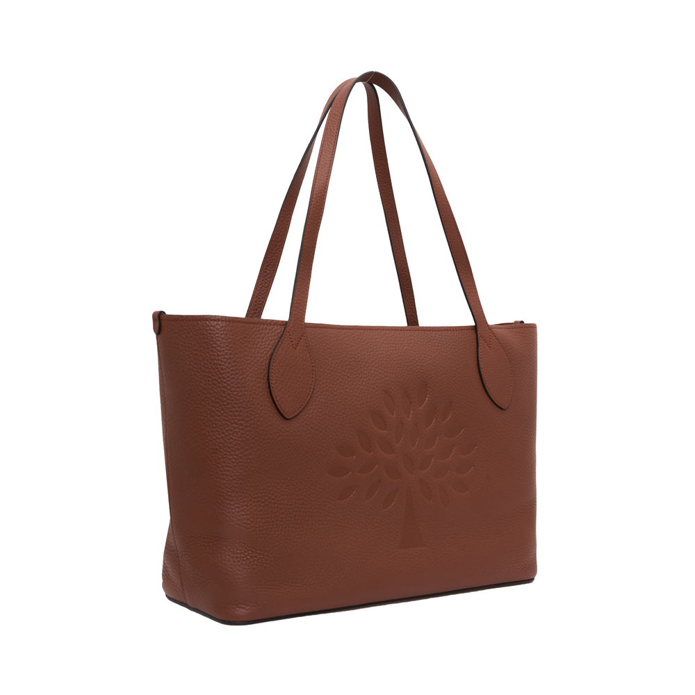 Mulberry Tree Tote in black Heavy Grain leather with dual shoulder straps and tonal cut-out mulberry tree motif on the front panel