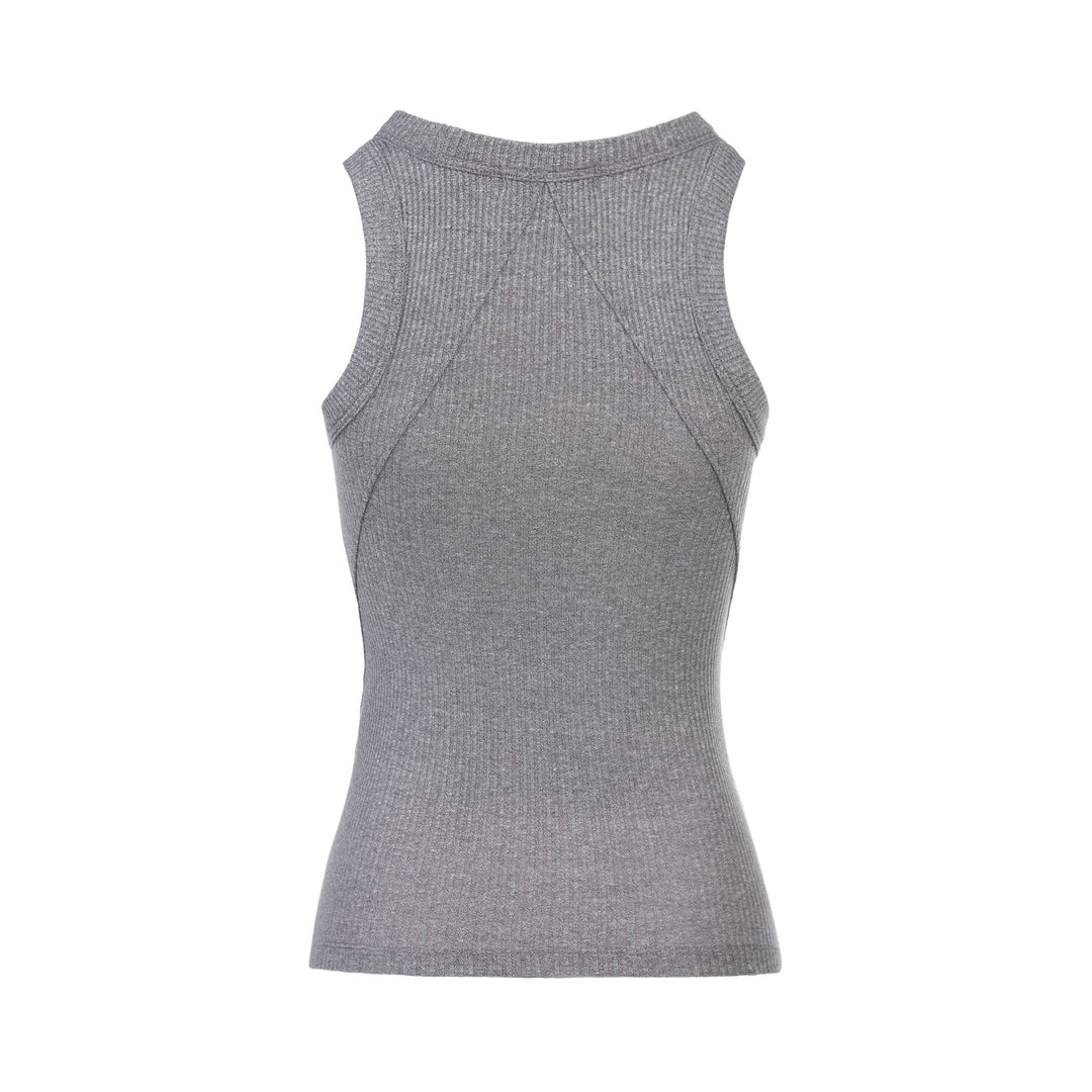 rag & bone Essential Rib Heather Tank in heathered grey, featuring a high racerback neckline and slim ribbed knit construction, shown on a white background - view 2