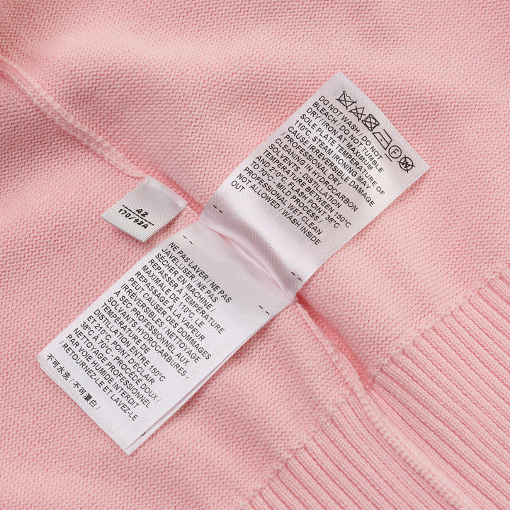 Thom Browne Short Sleeve Intarsia Knit Tee in baby pink with signature 4-bar cream stripe on the sleeve and contrast cream crew neckline, front view