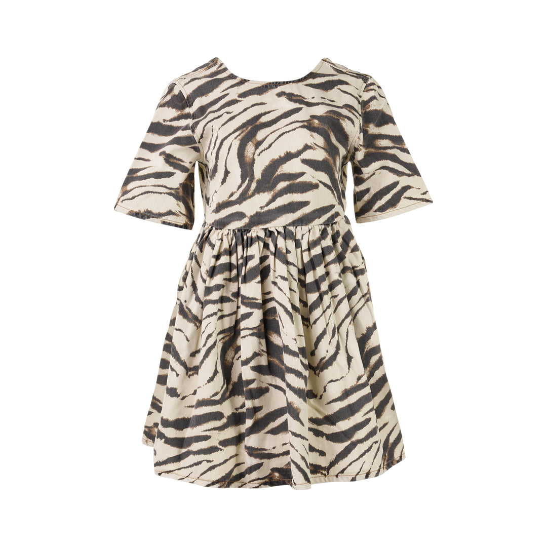 Printed Denim Puff Mini Dress