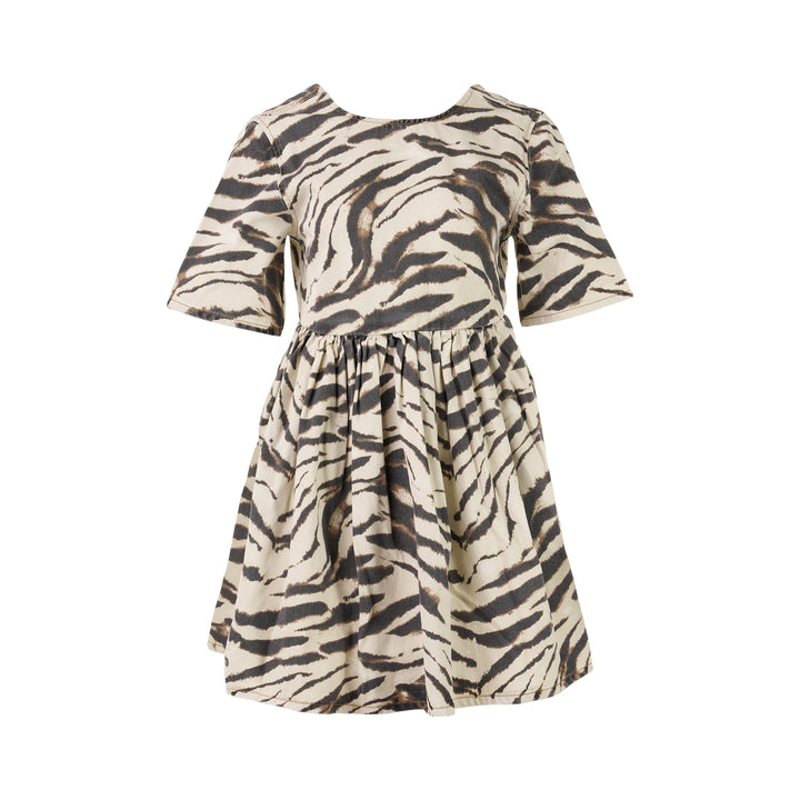 Printed Denim Puff Mini Dress