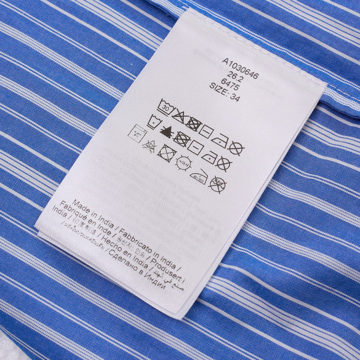 Ganni blue and white striped cotton smocked midi dress with short puff sleeves and a full pleated skirt, shown on a ghost mannequin against a white background