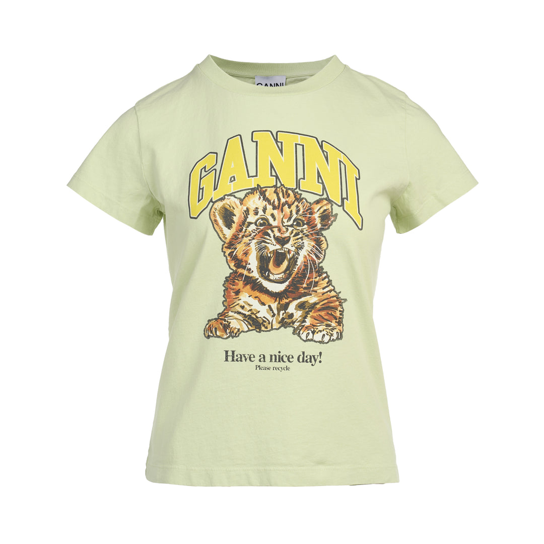 Ganni Baby Fit Cotton Jersey Tee in sage green featuring a tiger cub graphic print, collegiate Ganni lettering, and 'Have a nice day! Please recycle' slogan on the chest