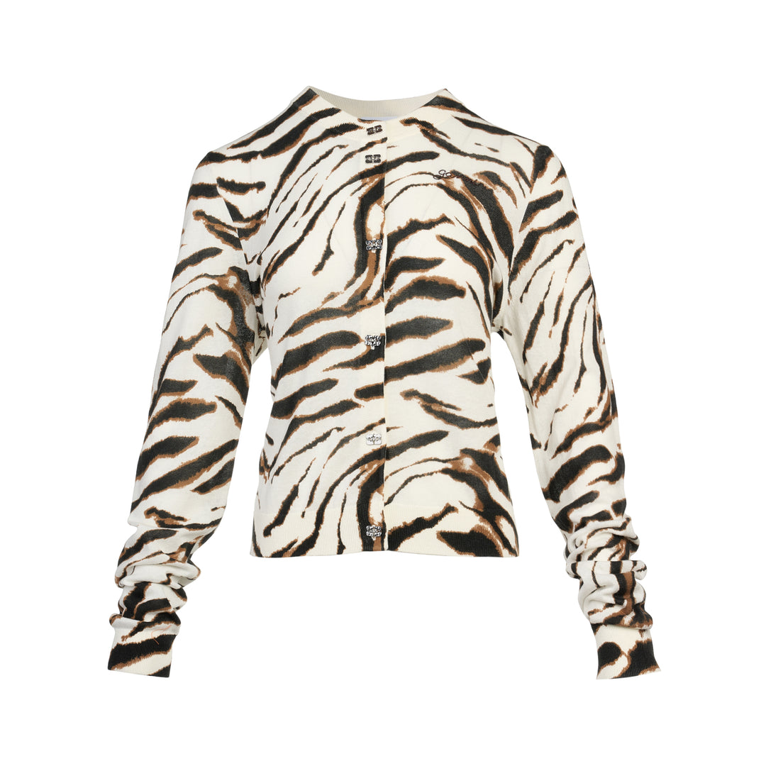 Ganni sheer cotton cardigan in cream with all-over tiger stripe print, featuring jewelled button fastening and a cropped silhouette with long sleeves