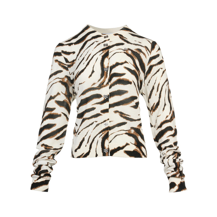 Ganni sheer cotton cardigan in cream with all-over tiger stripe print, featuring jewelled button fastening and a cropped silhouette with long sleeves