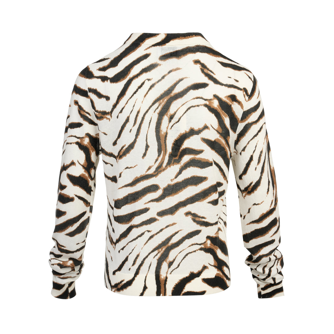 Ganni sheer cotton cardigan in cream with all-over tiger stripe print, featuring jewelled button fastening and a cropped silhouette with long sleeves