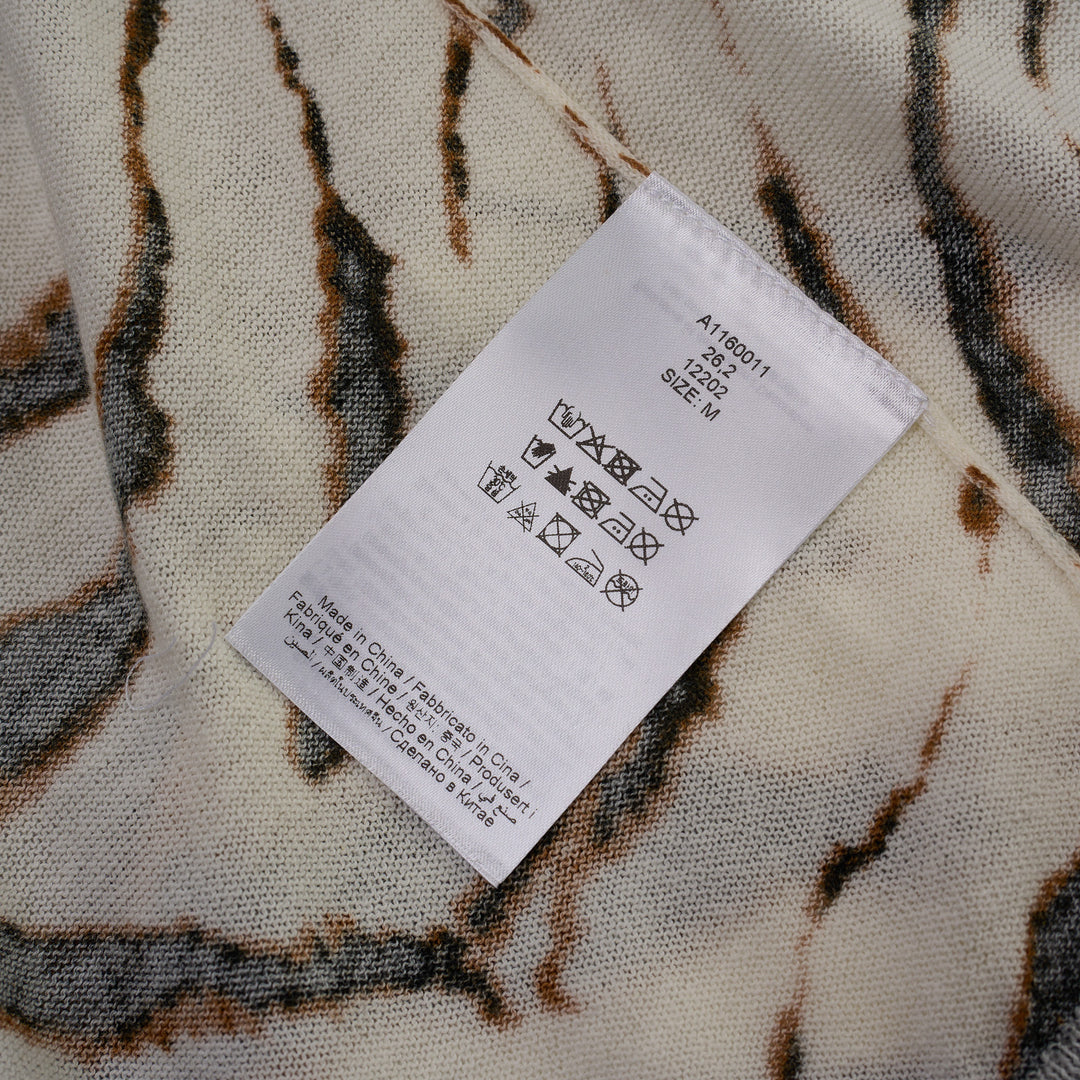 Ganni sheer cotton cardigan in cream with all-over tiger stripe print, featuring jewelled button fastening and a cropped silhouette with long sleeves