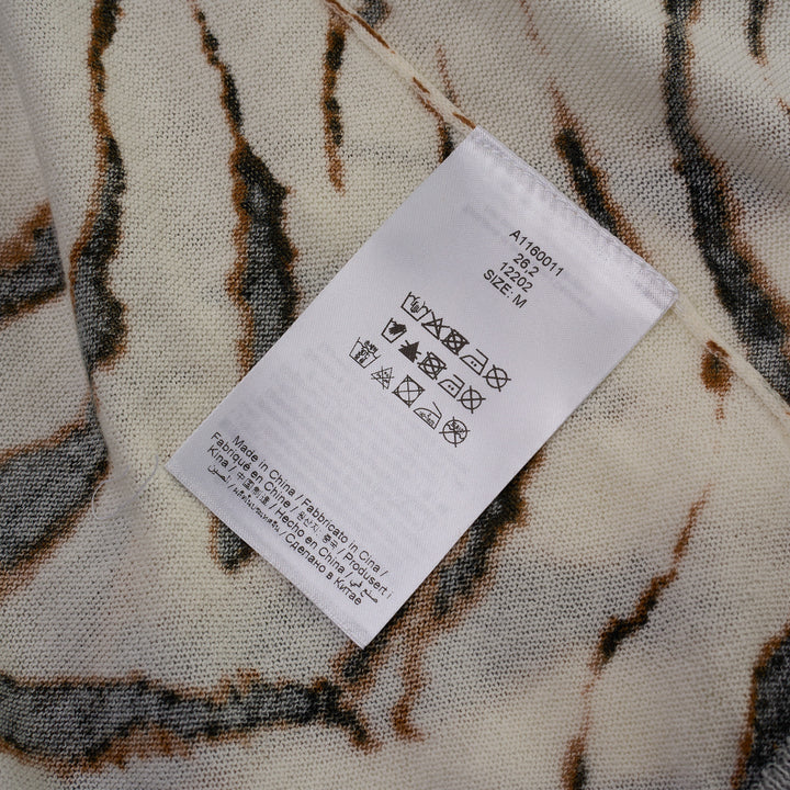 Ganni sheer cotton cardigan in cream with all-over tiger stripe print, featuring jewelled button fastening and a cropped silhouette with long sleeves
