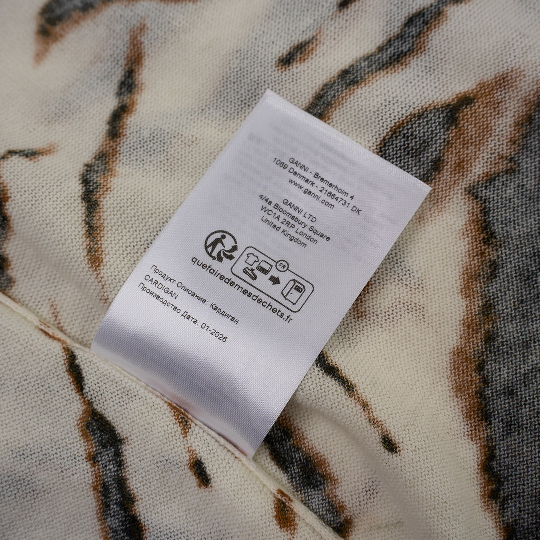Ganni sheer cotton cardigan in cream with all-over tiger stripe print, featuring jewelled button fastening and a cropped silhouette with long sleeves