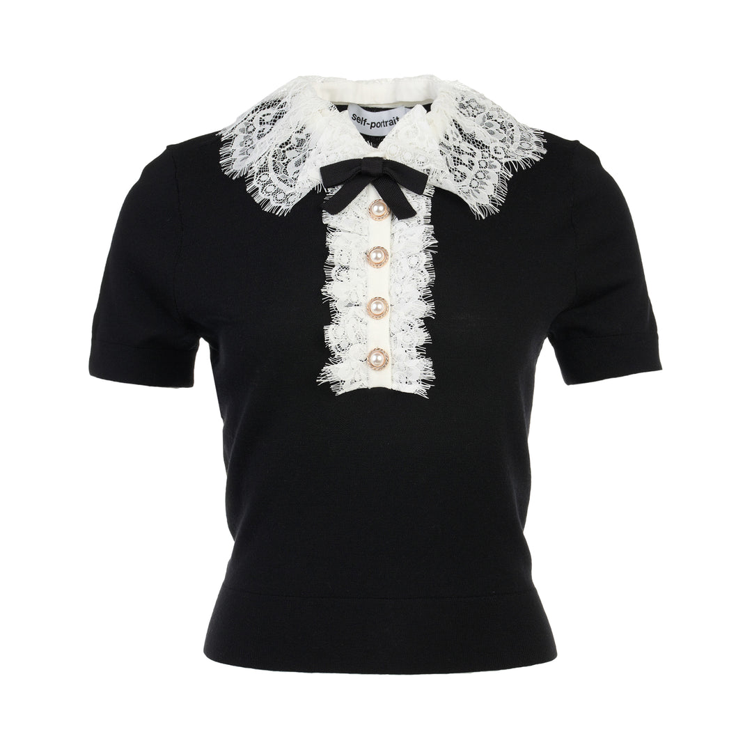 Black Knit Lace Collar Top