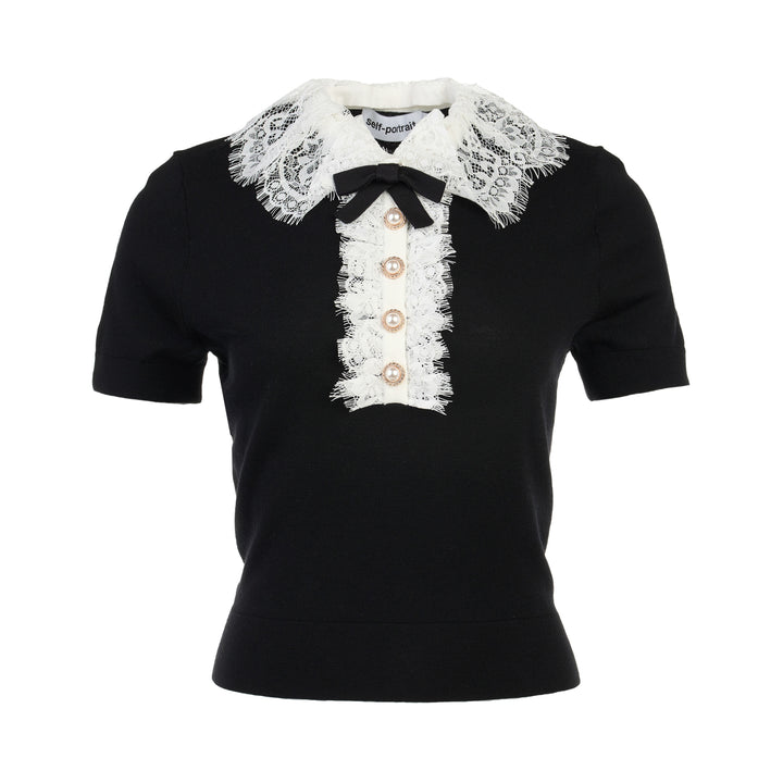 Black Knit Lace Collar Top