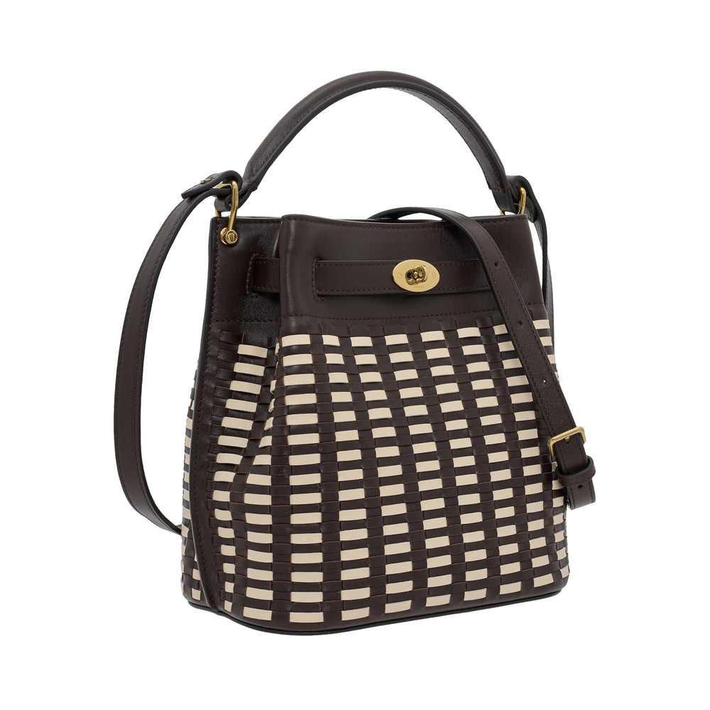 Mulberry Islington Bucket Bag in two-tone dark chocolate and cream woven leather with aged brass postman's lock closure, rolled top handle, and adjustable crossbody strap
