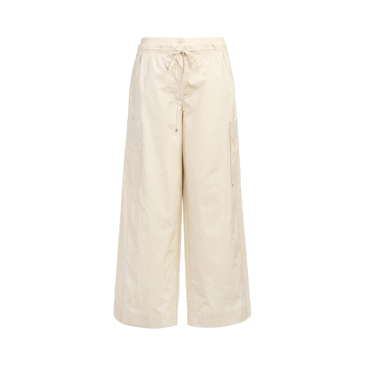 3.1 Phillip Lim Double Waistband Poplin Pants in ecru, featuring a wide-leg silhouette, drawstring waistband, and thigh patch pockets