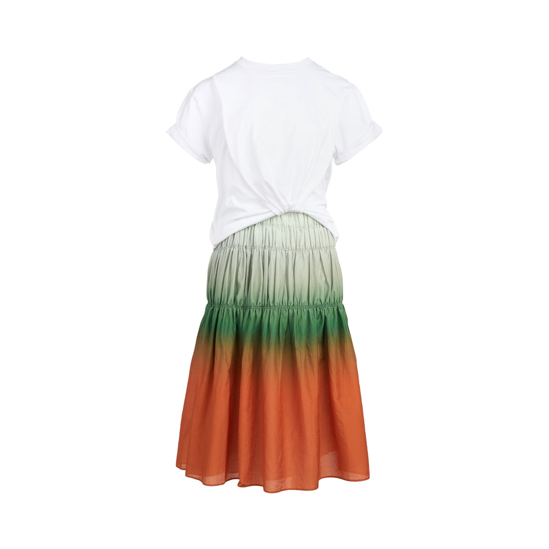 3.1 Phillip Lim Ombre T-Shirt Combo Dress with a knotted white cotton tee top and a tiered smocked skirt in a sage-to-green-to-burnt-orange ombré gradient, displayed on a white background