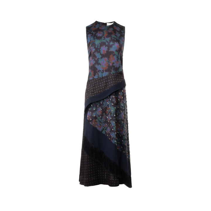 3.1 Phillip Lim Desert Flower Layered Midi Dress with mixed floral and geometric print panels, asymmetric skirt, and fringe hem trim