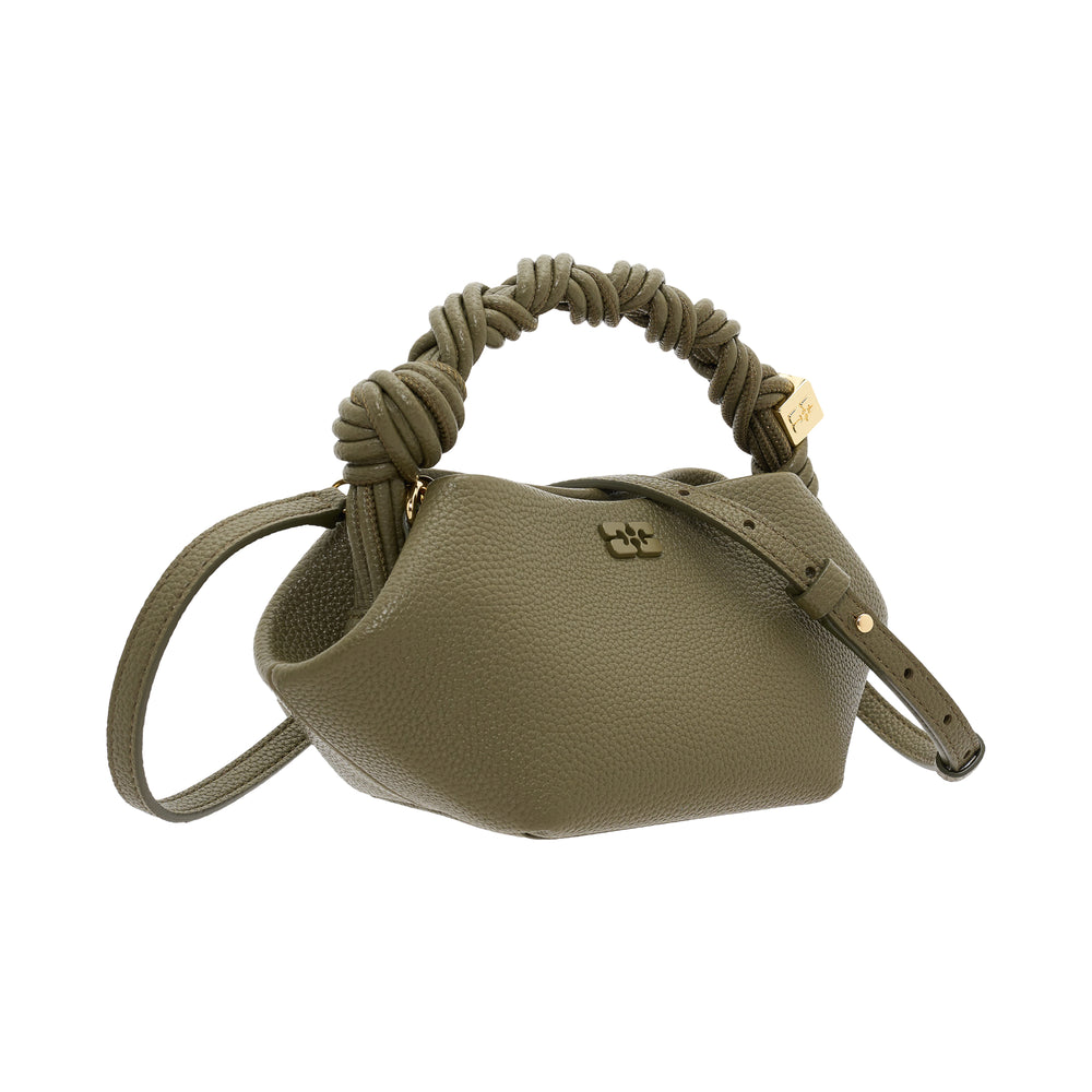 Ganni Bou Mini Grained bag in olive pebbled leather with braided knotted top handle, tone-on-tone logo hardware, and detachable crossbody strap