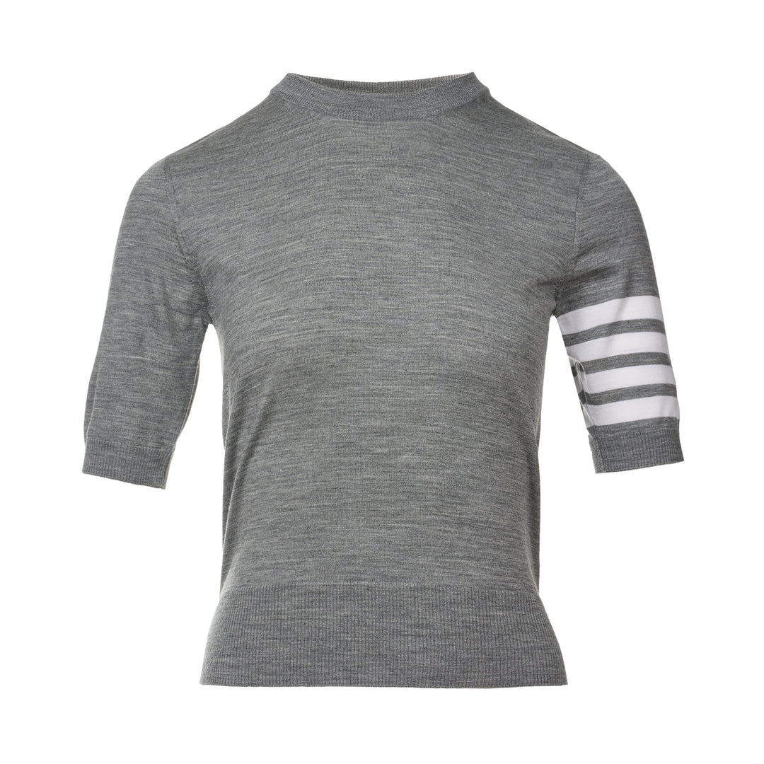 Thom Browne grey fine jersey short sleeve tee with signature four-bar white stripe on the sleeve and ribbed hem and cuffs