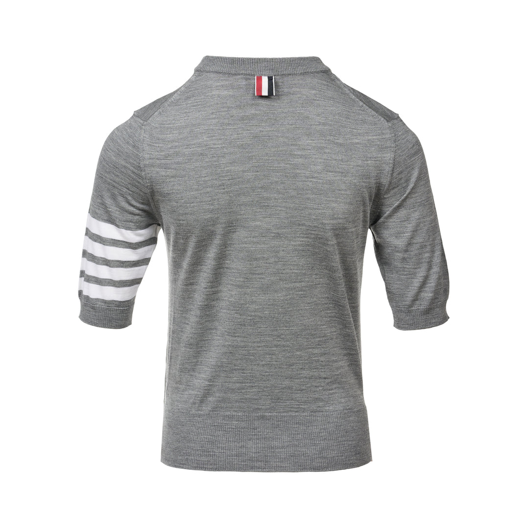 Thom Browne grey fine jersey short sleeve tee with signature four-bar white stripe on the sleeve and ribbed hem and cuffs - view 2