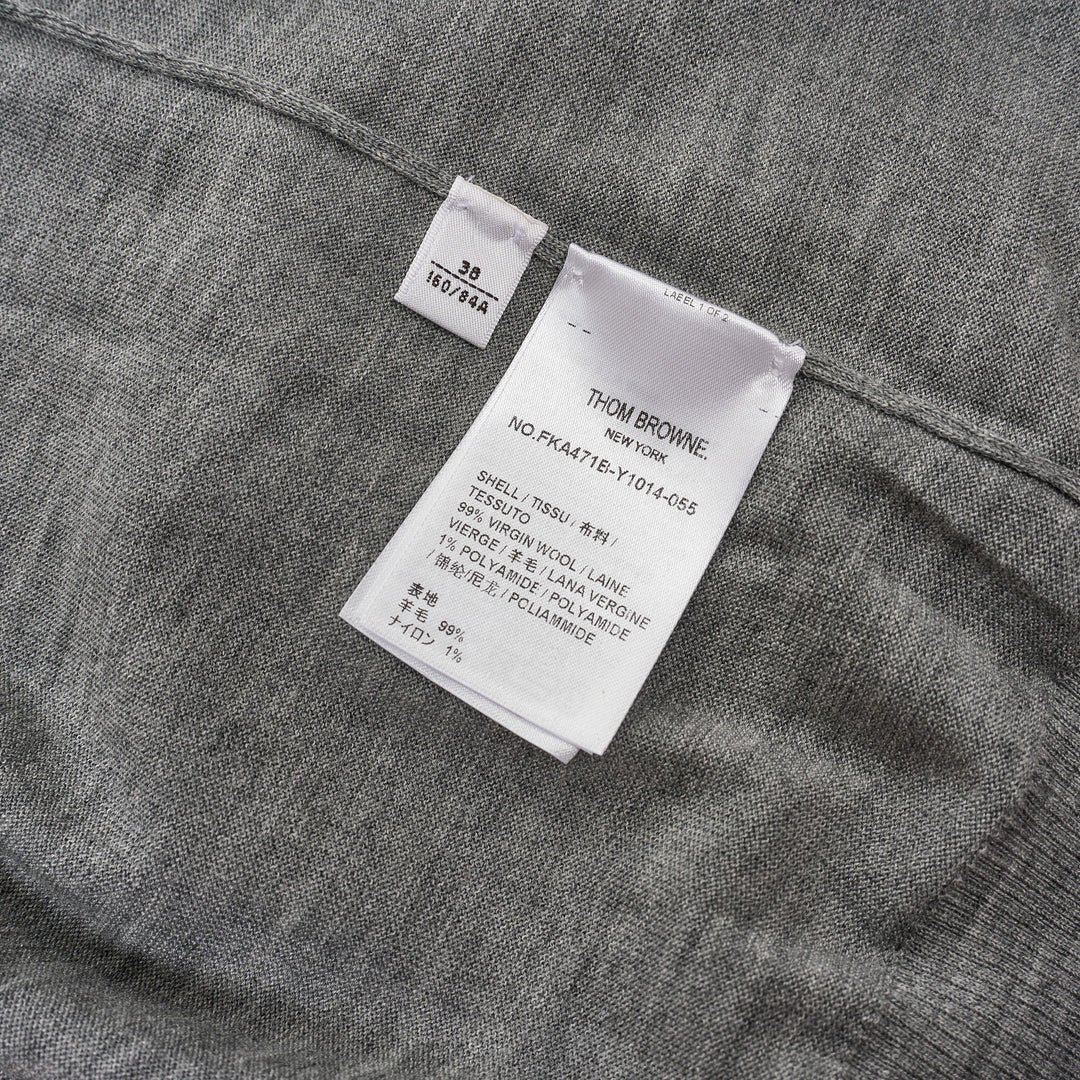 Thom Browne grey fine jersey short sleeve tee with signature four-bar white stripe on the sleeve and ribbed hem and cuffs - view 3