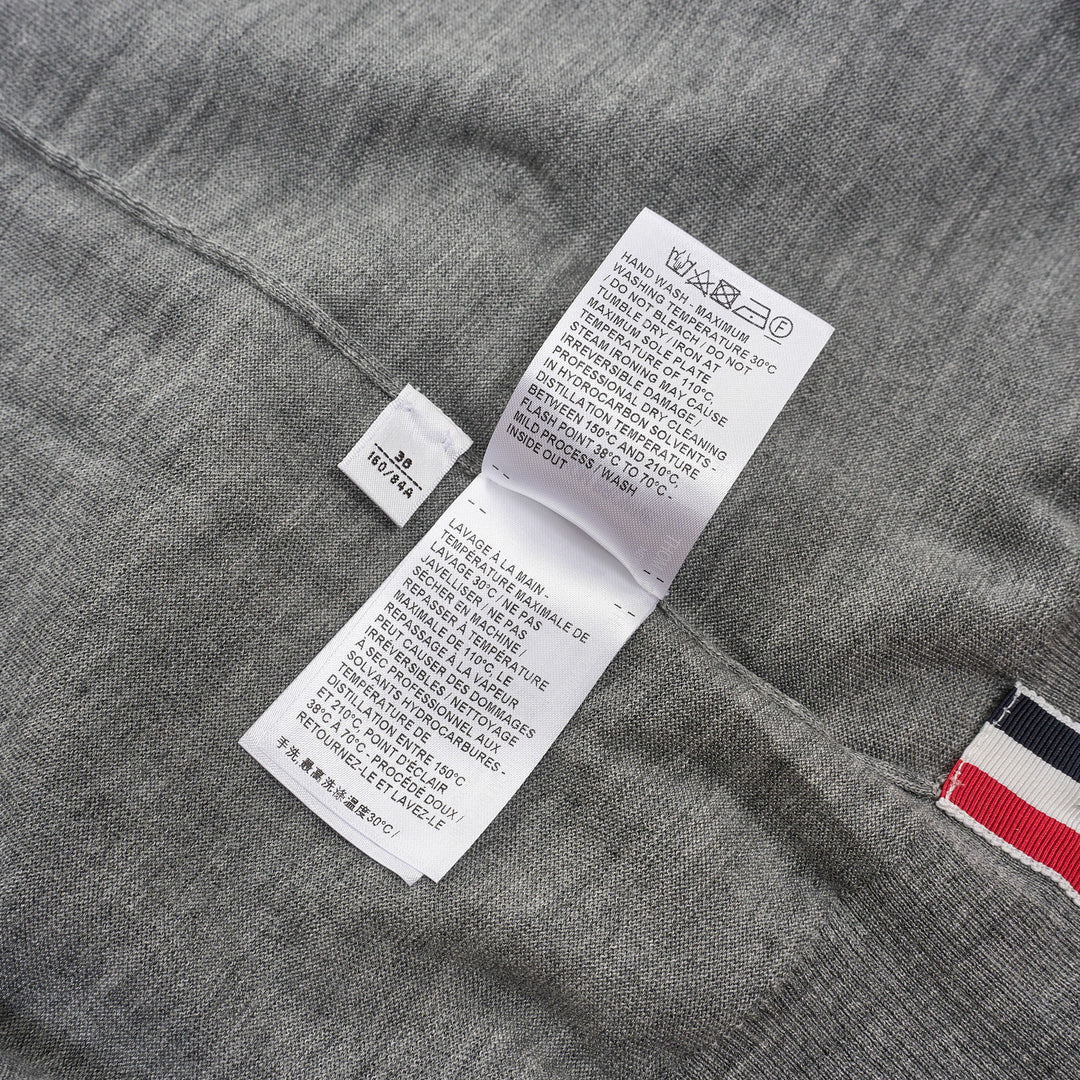 Thom Browne grey fine jersey short sleeve tee with signature four-bar white stripe on the sleeve and ribbed hem and cuffs - view 4