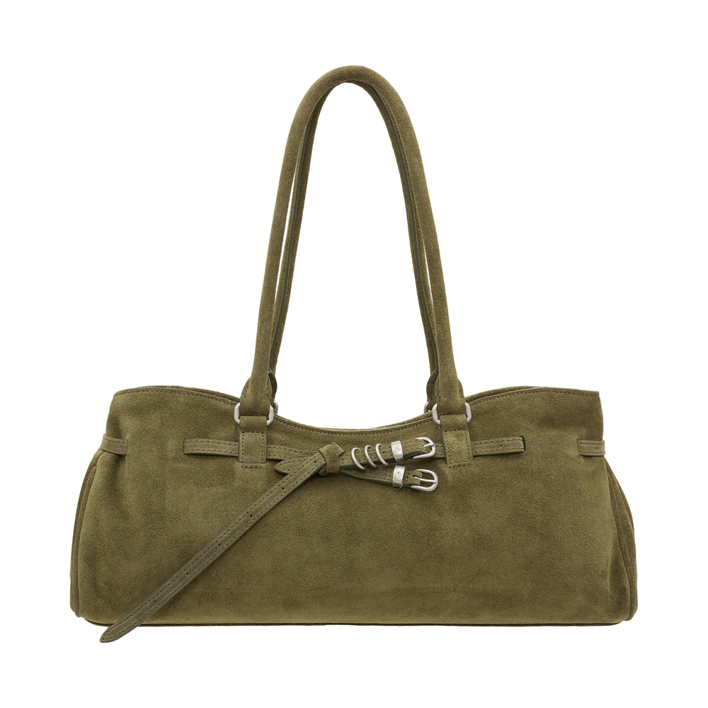 Marge Sherwood Soft Grandma Shoulder Bag in olive suede with dual looped handles, zip closure, and silver-tone D-ring hardware - view 2