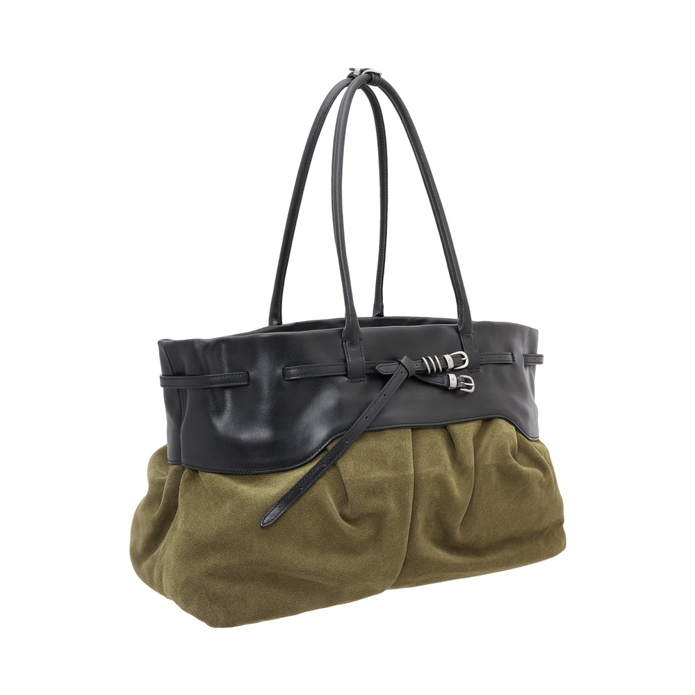 Marge Sherwood Soft Grandma Layered Bag in olive suede and black leather with pleated lower body, double-buckle belt detail, and twin shoulder straps - view 2