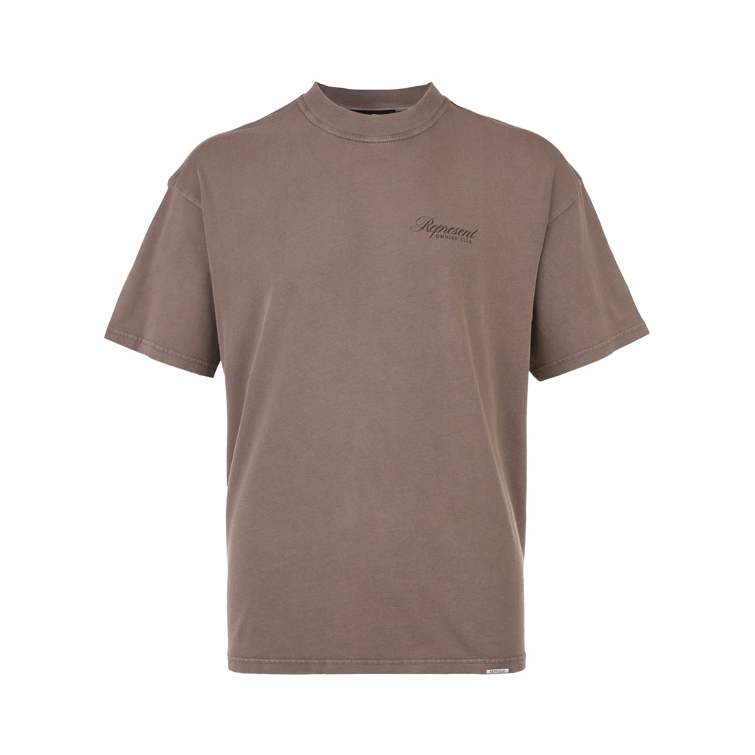 Represent Owners Club Script T-Shirt in washed taupe with tonal chest logo print, oversized boxy fit and mock neck collar