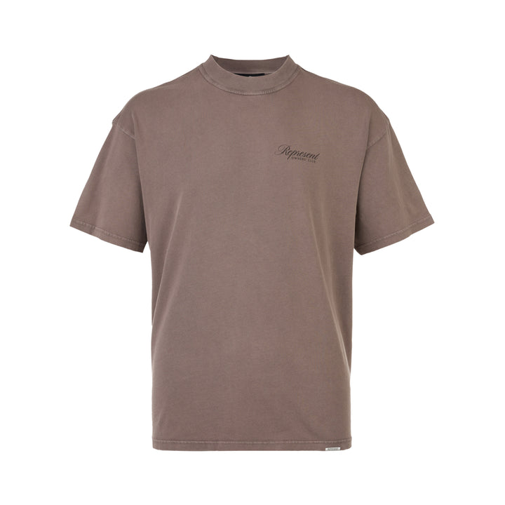 Represent Owners Club Script T-Shirt in washed taupe with tonal chest logo print, oversized boxy fit and mock neck collar