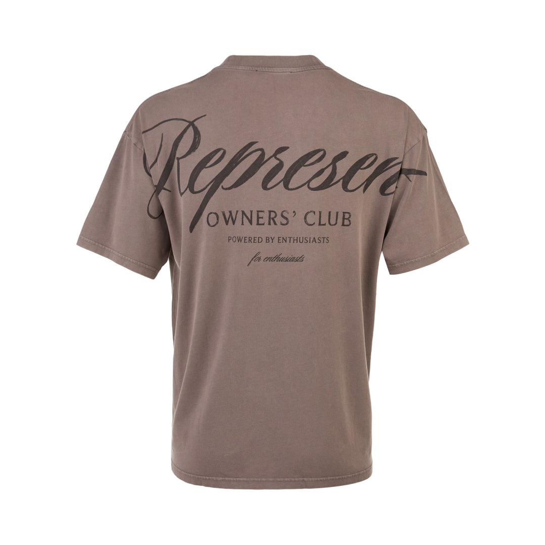 Represent Owners Club Script T-Shirt in washed taupe with tonal chest logo print, oversized boxy fit and mock neck collar