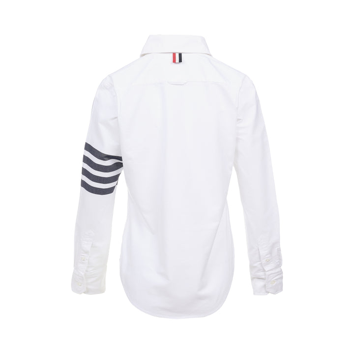 Thom Browne white oxford long sleeve shirt with rounded collar, button-front placket, single chest pocket, and signature four-bar grey stripe across one sleeve - view 2
