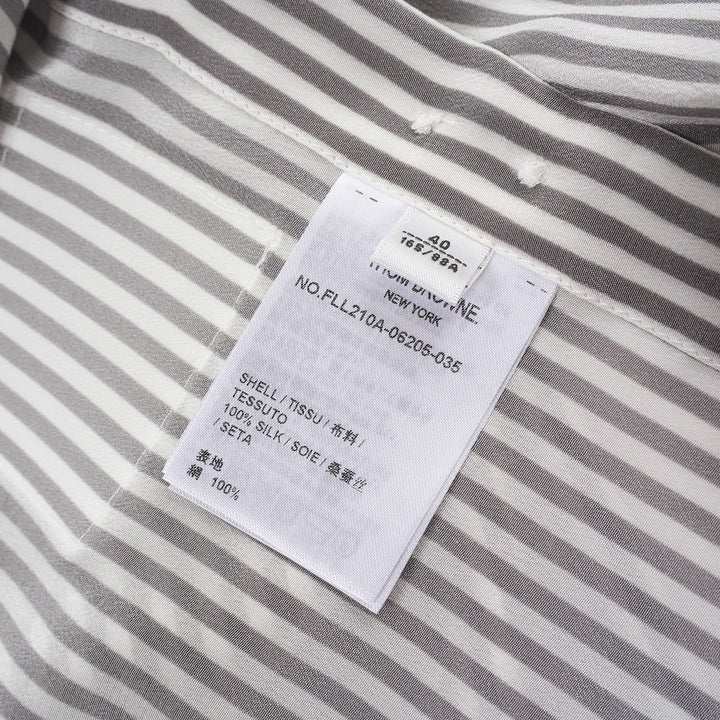 Thom Browne grey and white vertical stripe long sleeve blouse with detachable pussy-bow collar, contrast horizontal-stripe cuffs, and signature woven label patch at the hip - view 3