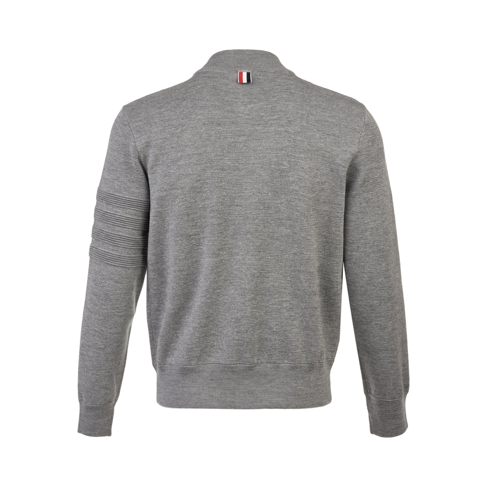 Thom Browne Milano Stitch Zip-Up Bomber Jacket in heather grey, featuring full-length metal zip closure, ribbed collar and cuffs, and signature 4-bar stripe detailing on the sleeve - view 2