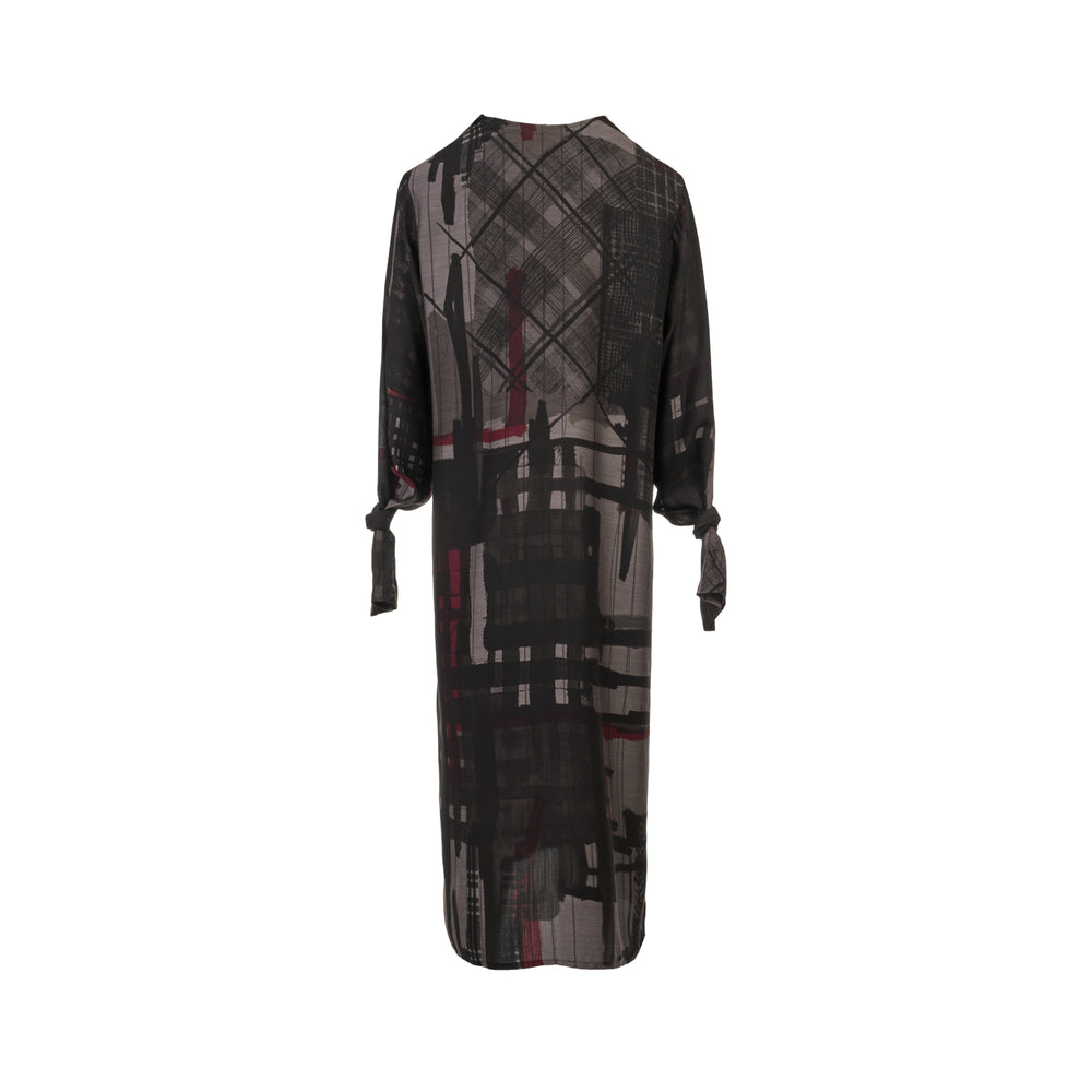 Y's knot-cuff midi dress in abstract brushstroke and plaid collage print, featuring self-tie knot detailing at both cuffs and a semi-sheer fluid construction in charcoal, black, and burgundy - view 2