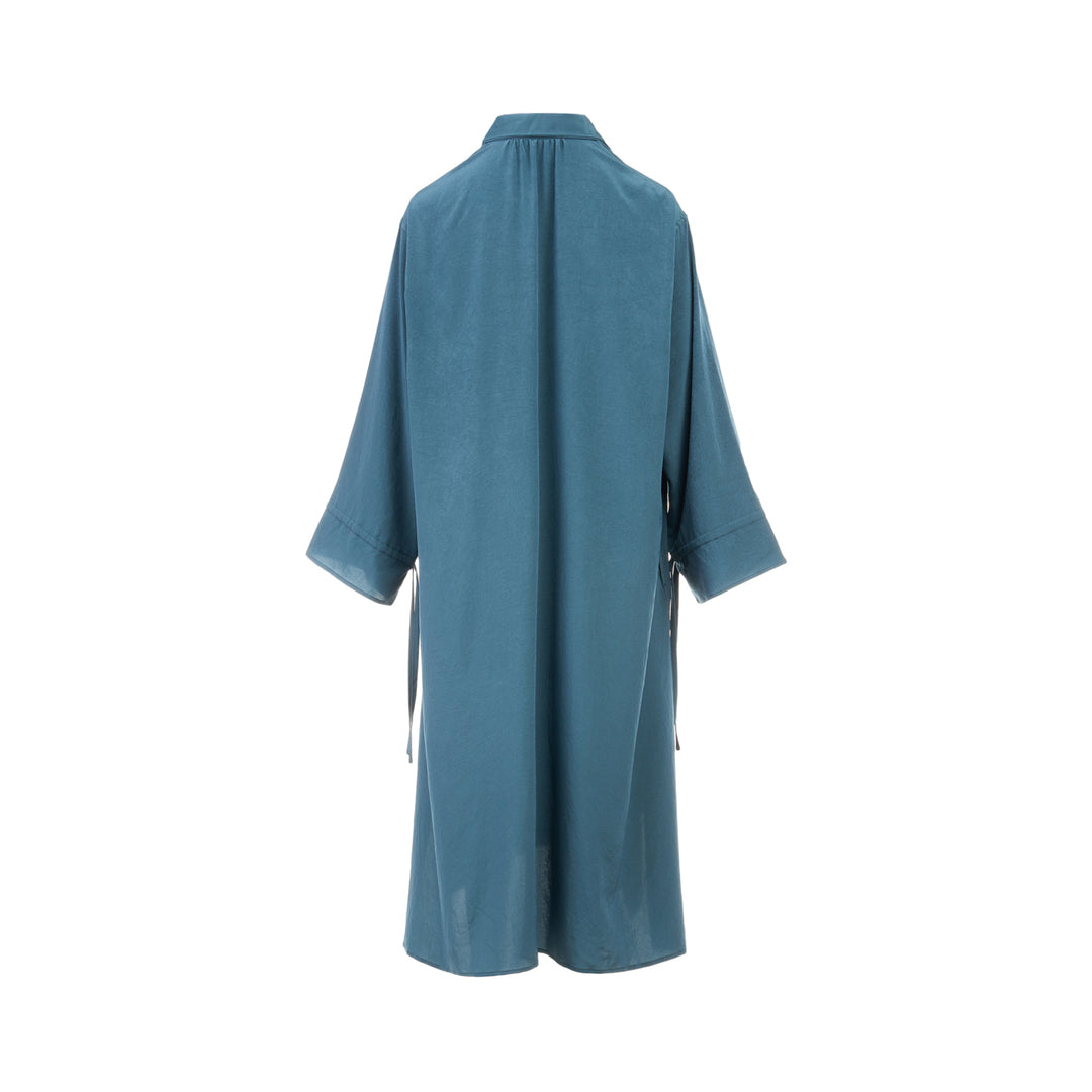 Y's teal blue gather collar shirt dress with tie neck, button front fastening, oversized patch pockets, and ribbon cuff ties, displayed flat on white background - view 2