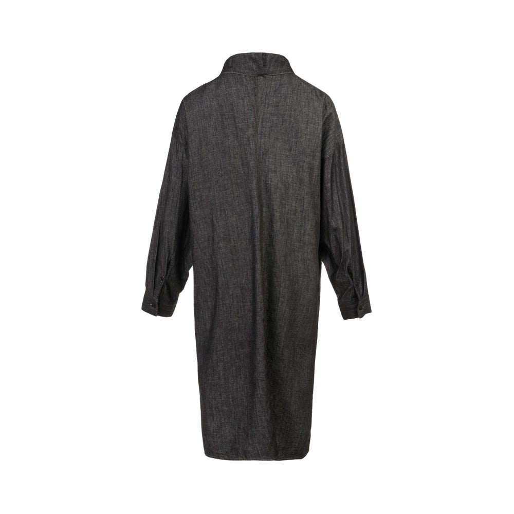 Y's dark denim long-line gown shirt with mandarin collar, full-length button front, frog-loop toggle closure, and contrast orange topstitching, displayed flat on a white background - view 2