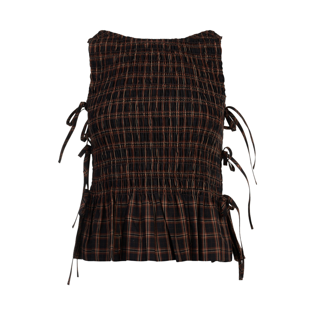 Check Smocked Tie Blouse