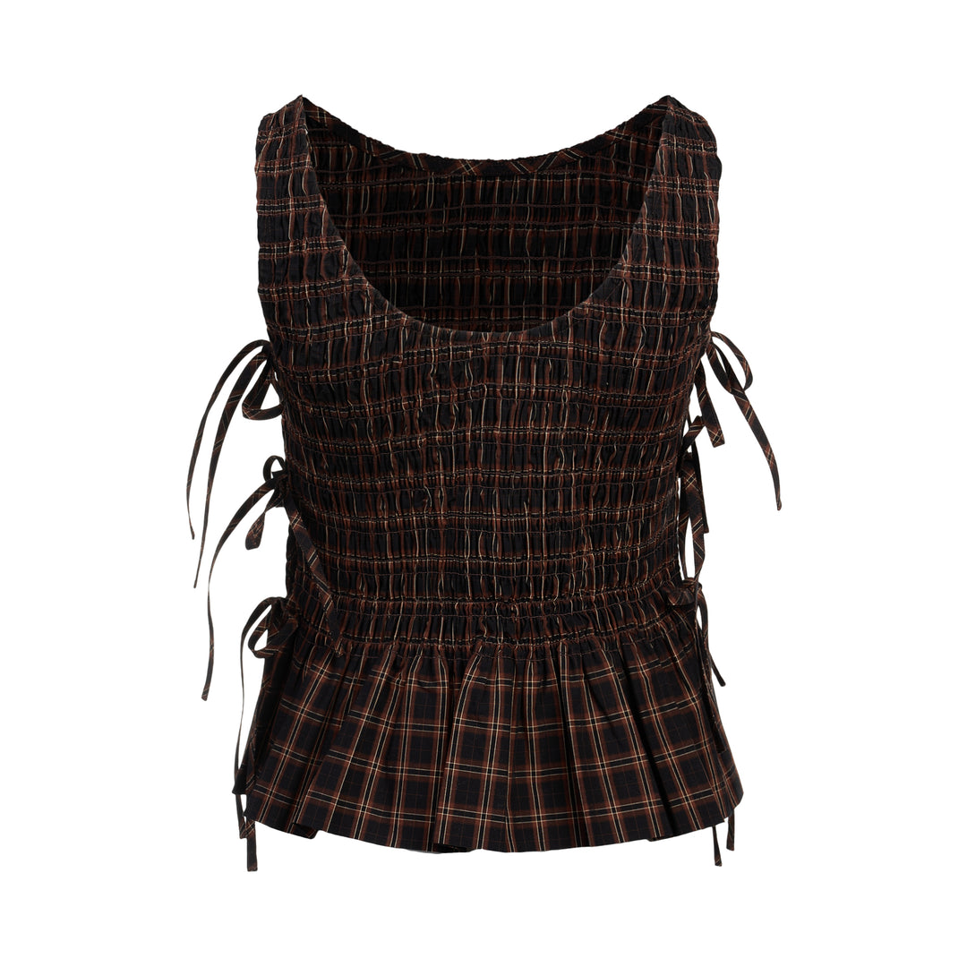 Check Smocked Tie Blouse