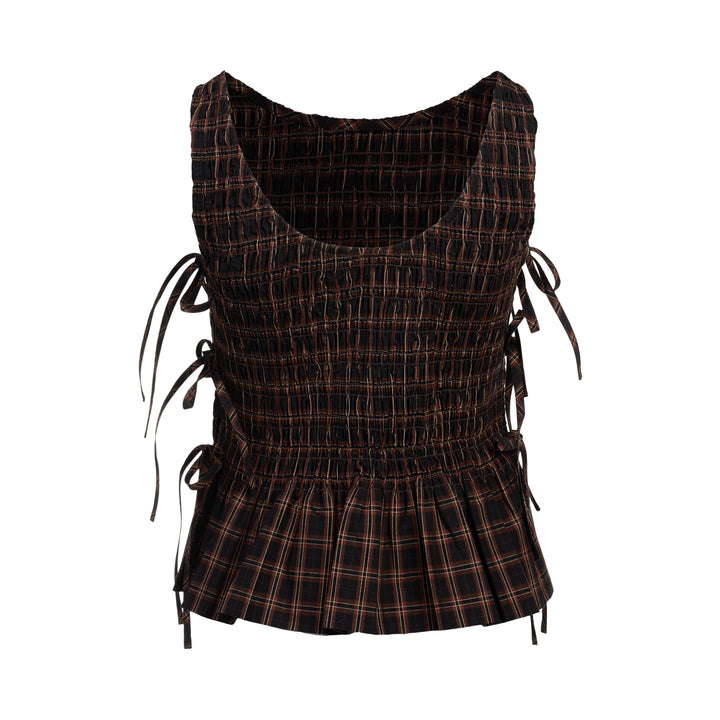 Check Smocked Tie Blouse