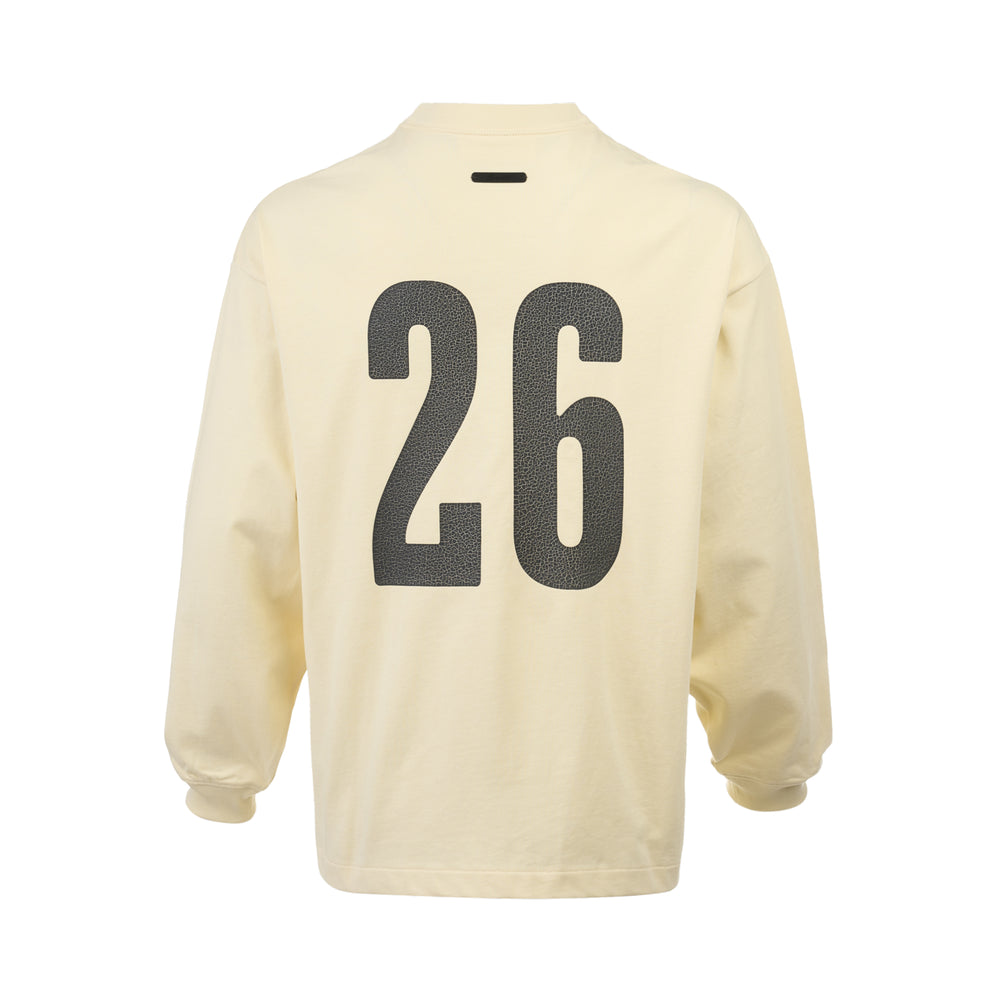 Fear of God cream long sleeve mock-neck tee with a distressed varsity script 'Fear of God' graphic across the chest - view 2