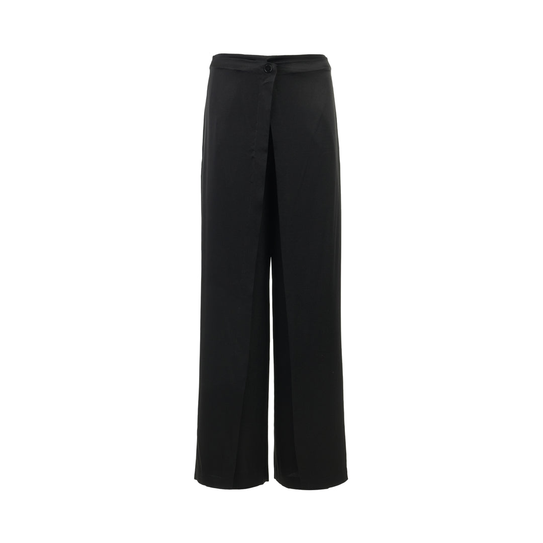 Black wide-leg crepe acetate trousers with a front pleat and single-button waist, shown from the front